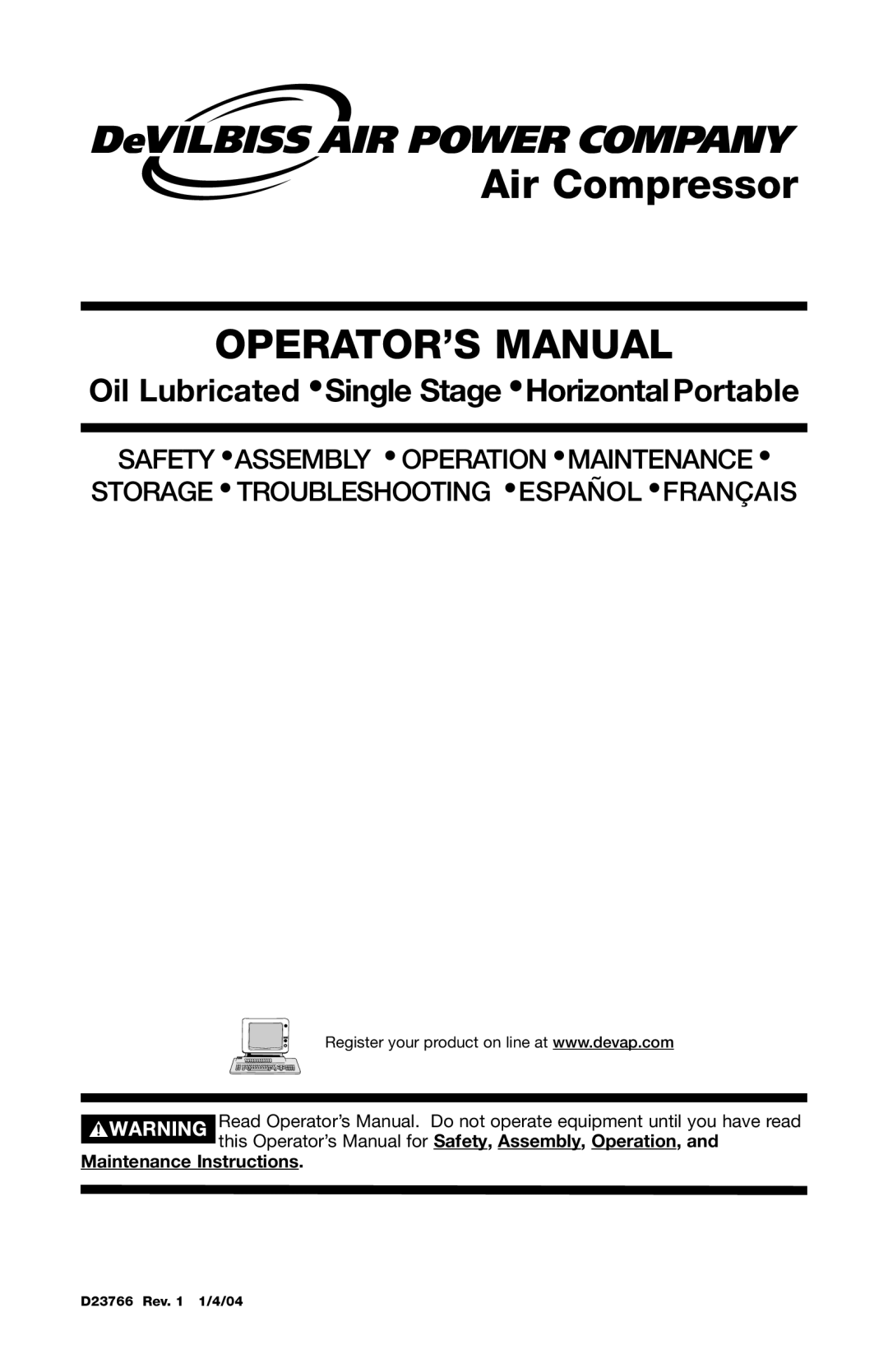 DeWalt DeVILBISS manual OPERATOR’S Manual, Maintenance Instructions 