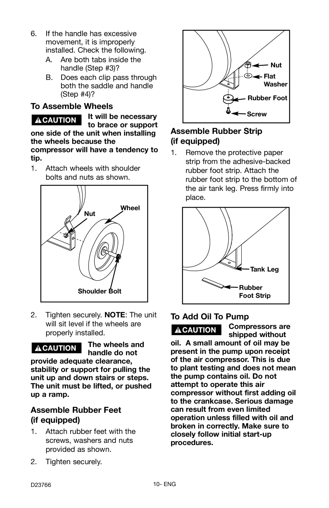 DeWalt DeVILBISS manual To Assemble Wheels, Assemble Rubber Strip if equipped, Assemble Rubber Feet if equipped 