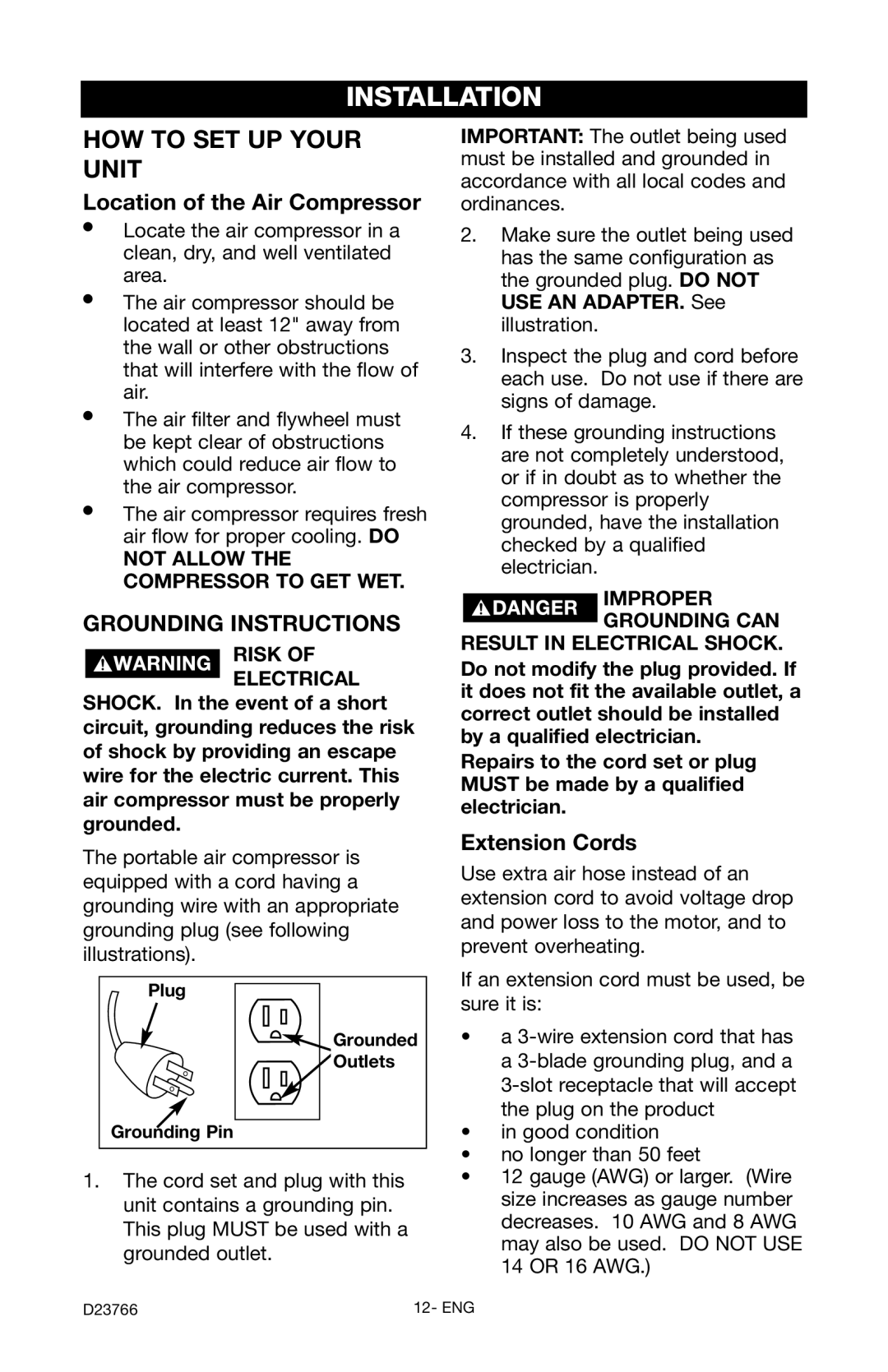 DeWalt DeVILBISS manual Installation, Location of the Air Compressor, Extension Cords, Plug Grounded Outlets Grounding Pin 