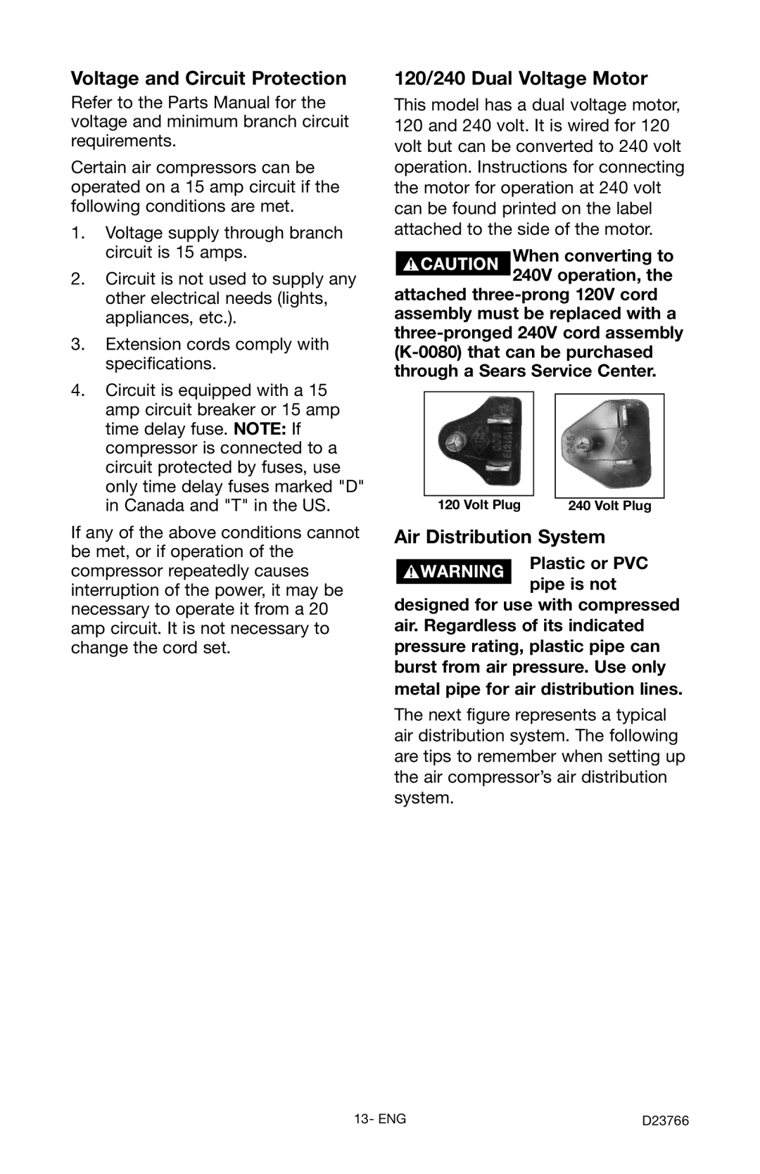 DeWalt DeVILBISS manual Voltage and Circuit Protection, 120/240 Dual Voltage Motor, Air Distribution System 
