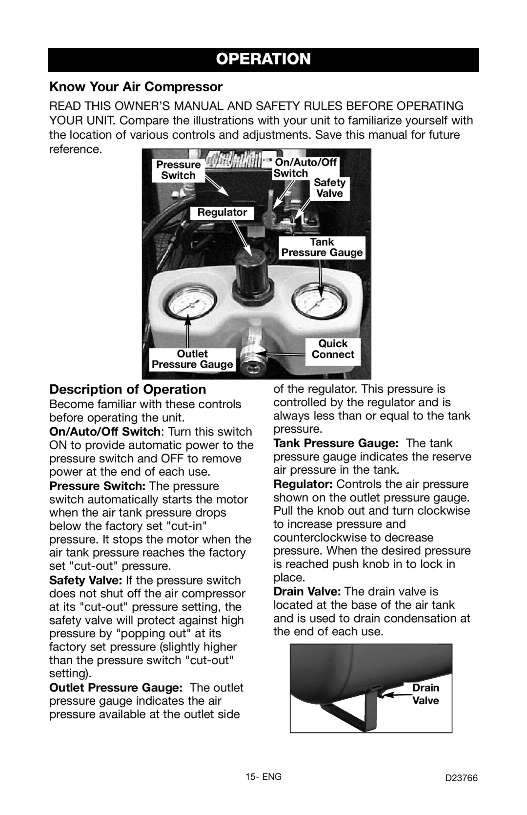 DeWalt DeVILBISS manual Know Your Air Compressor, Description of Operation 