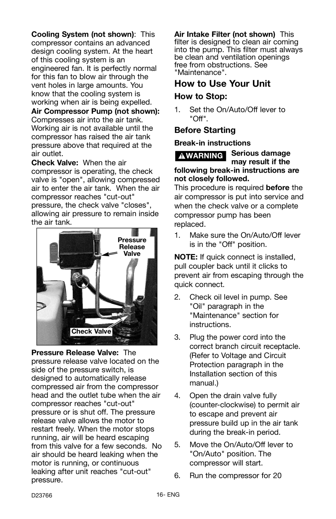 DeWalt DeVILBISS manual How to Stop, Before Starting, Pressure Release Valve Check Valve 