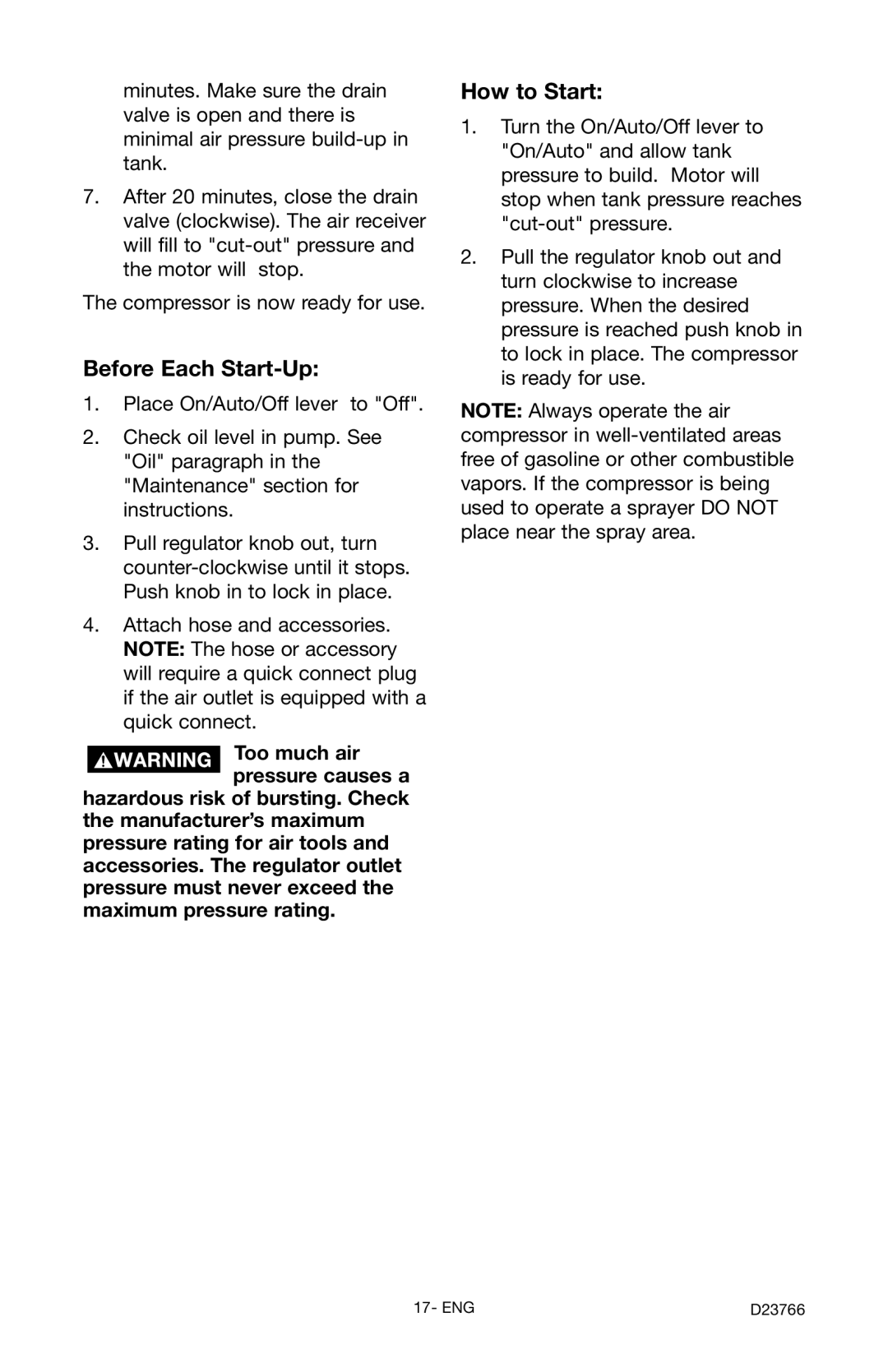 DeWalt DeVILBISS manual Before Each Start-Up, How to Start 