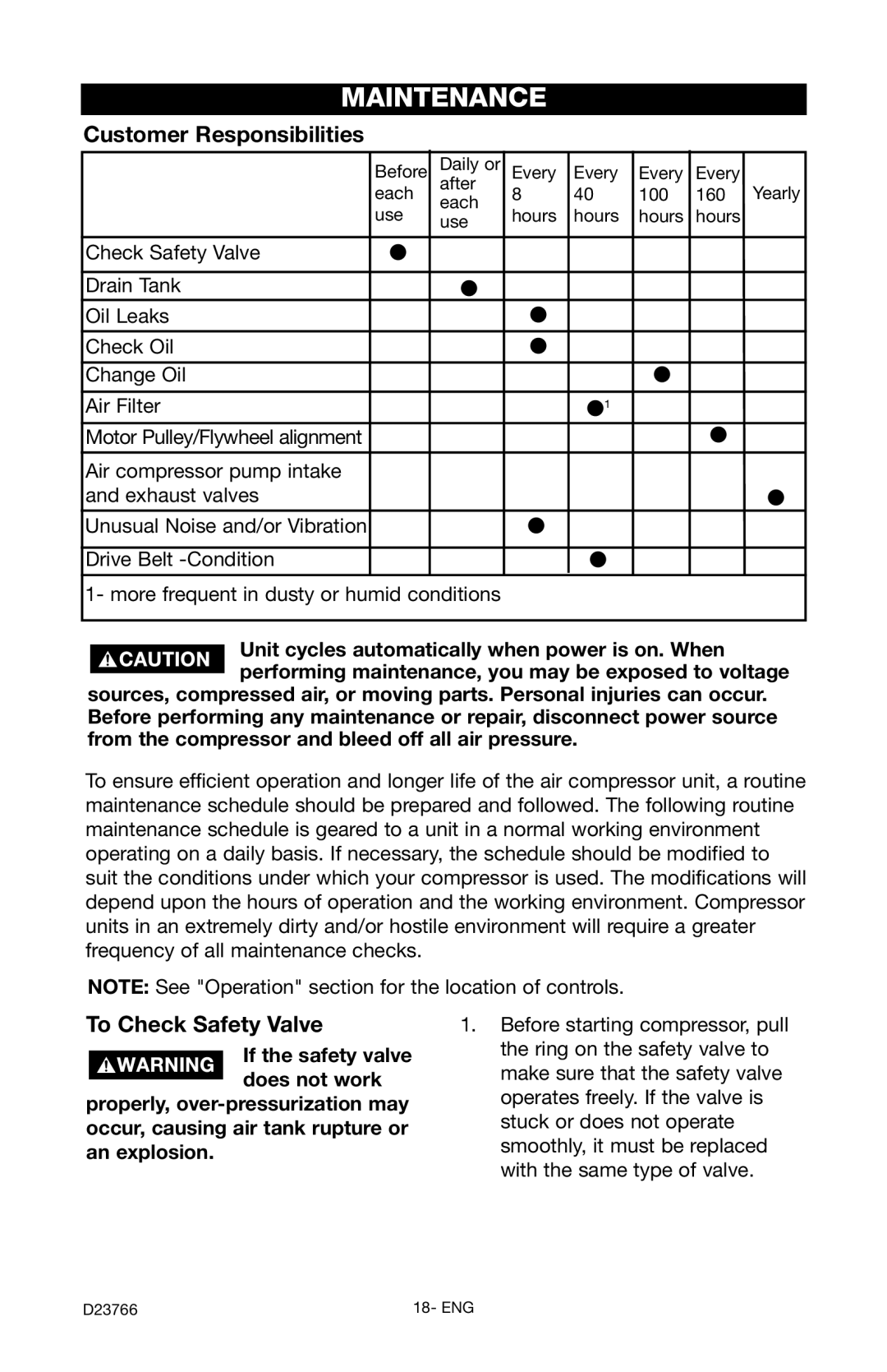 DeWalt DeVILBISS manual Maintenance, Customer Responsibilities, To Check Safety Valve 