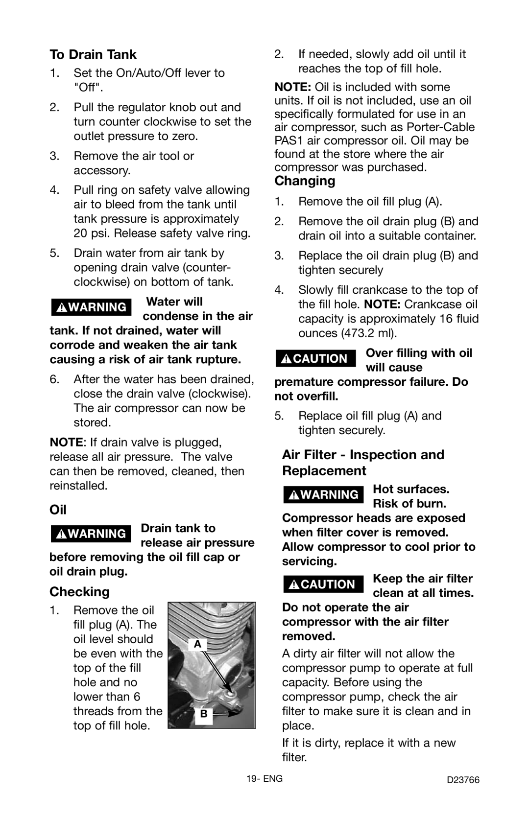 DeWalt DeVILBISS manual To Drain Tank, Oil, Checking, Changing, Air Filter Inspection and Replacement 