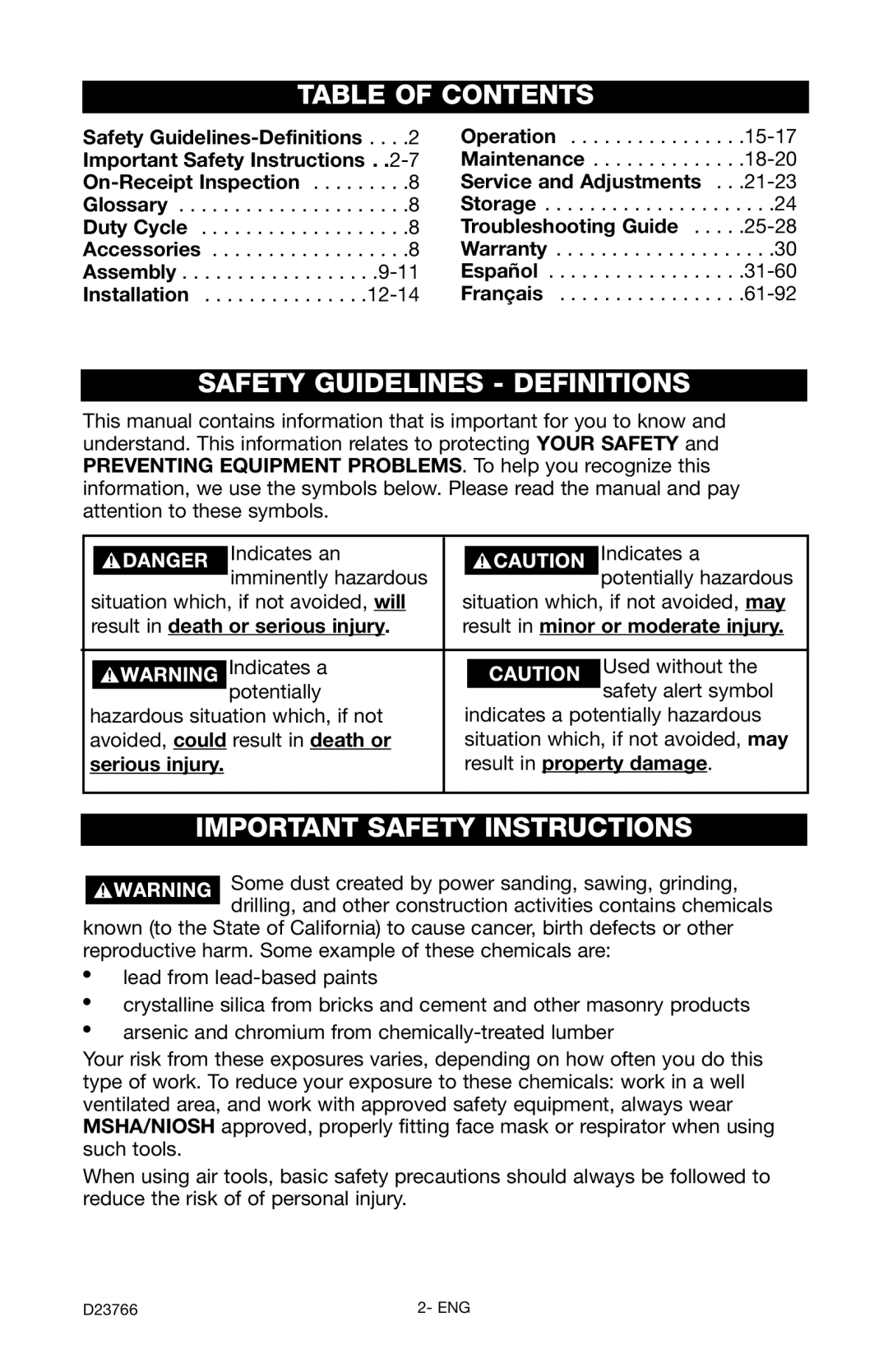 DeWalt DeVILBISS manual Table of Contents, Safety Guidelines Definitions, Important Safety Instructions 