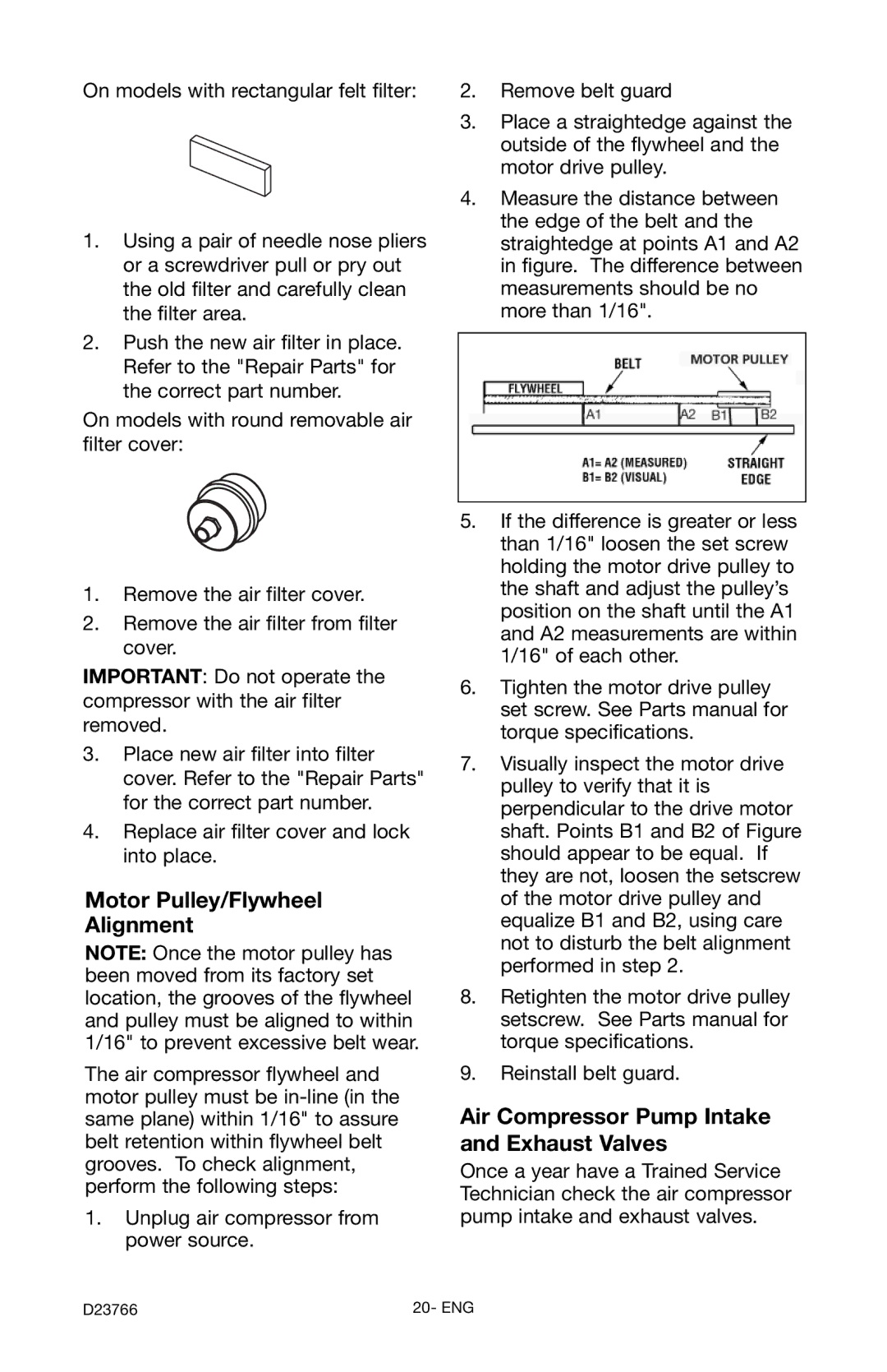 DeWalt DeVILBISS manual Motor Pulley/Flywheel Alignment, Air Compressor Pump Intake and Exhaust Valves 