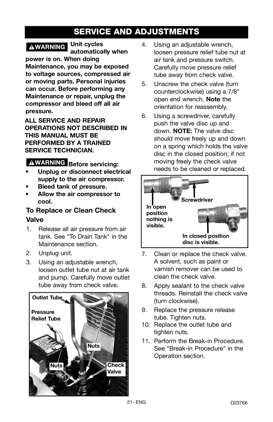 DeWalt DeVILBISS Service and Adjustments, To Replace or Clean Check Valve, Screwdriver Open position nothing is visible 