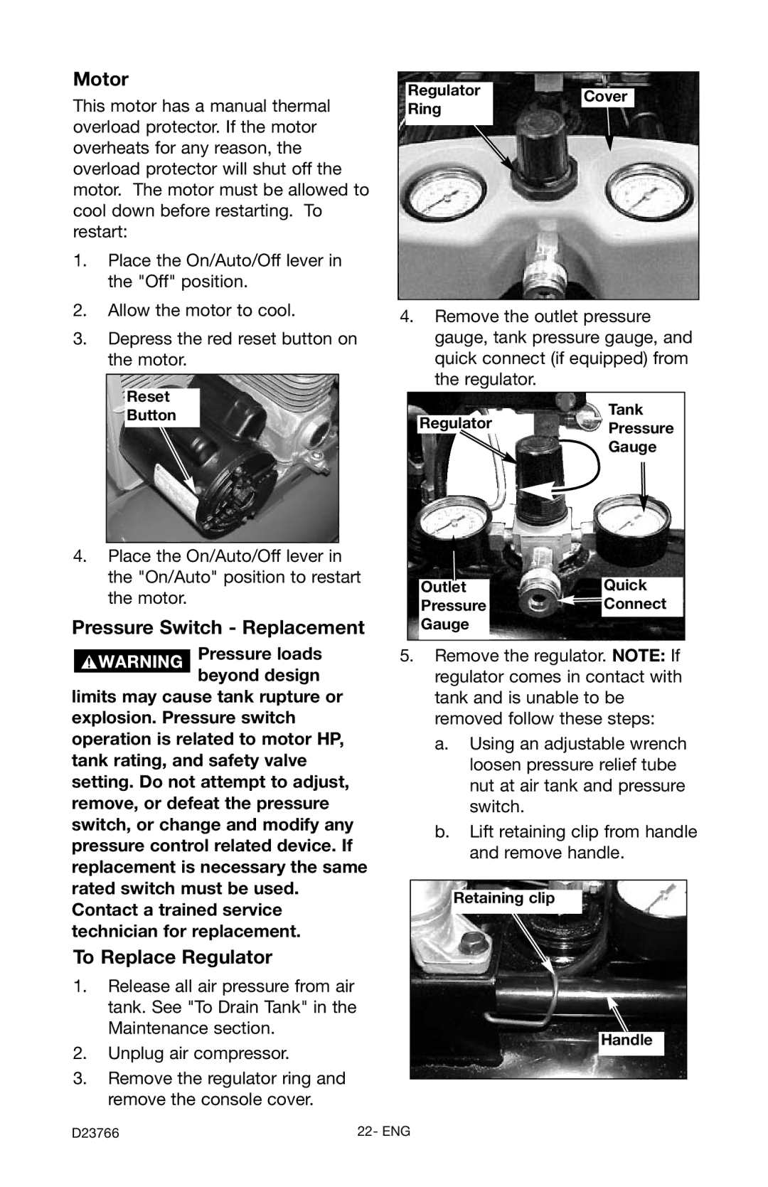 DeWalt DeVILBISS manual Motor, Pressure Switch Replacement, To Replace Regulator 