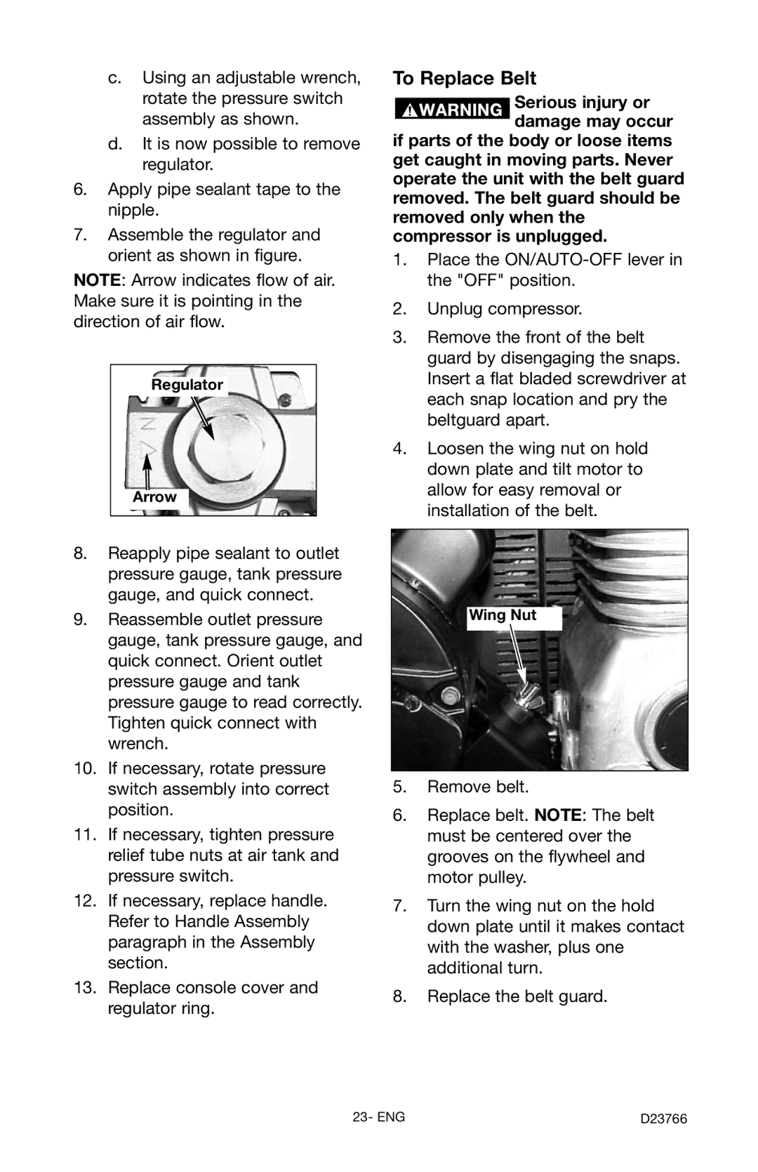 DeWalt DeVILBISS manual To Replace Belt, Regulator Arrow, Wing Nut 