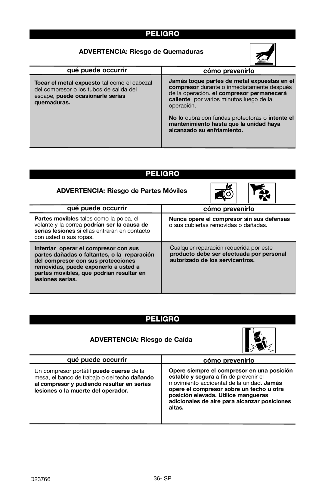 DeWalt DeVILBISS manual Advertencia Riesgo de Quemaduras Qué puede occurrir, Advertencia Riesgo de Caída Qué puede occurrir 