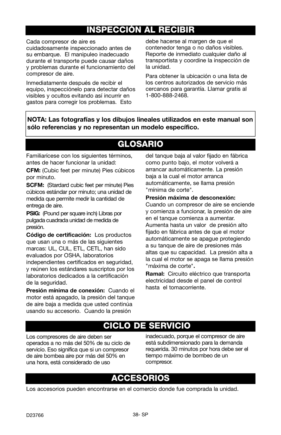 DeWalt DeVILBISS manual Inspección AL Recibir, Glosario, Ciclo DE Servicio, Accesorios 