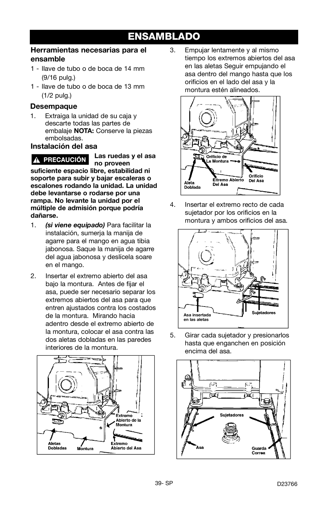 DeWalt DeVILBISS manual Ensamblado, Herramientas necesarias para el ensamble, Desempaque, Instalación del asa 