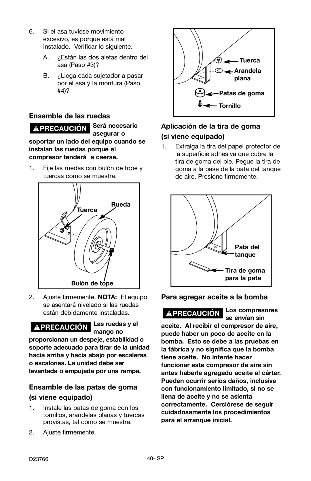 DeWalt DeVILBISS Ensamble de las ruedas, Ensamble de las patas de goma Si viene equipado, Para agregar aceite a la bomba 