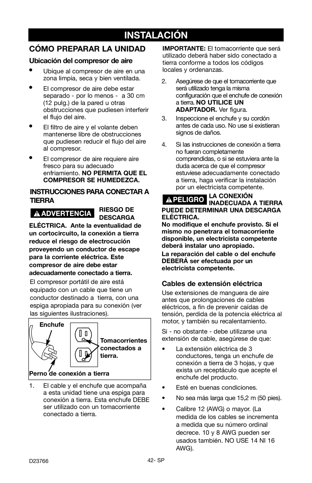 DeWalt DeVILBISS manual Instalación, Ubicación del compresor de aire, Cables de extensión eléctrica, Enchufe 