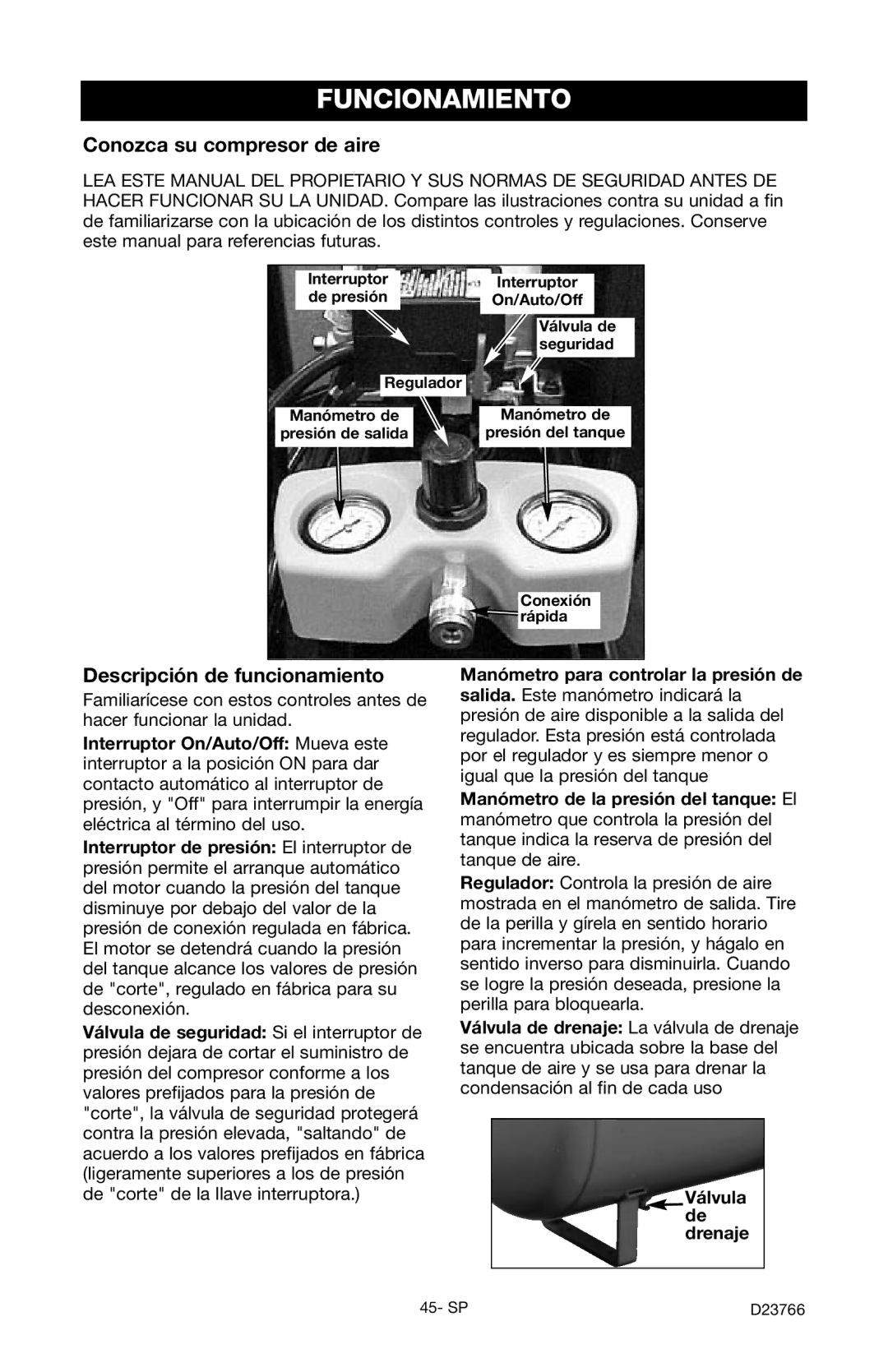 DeWalt DeVILBISS manual Funcionamiento, Conozca su compresor de aire, Descripción de funcionamiento 