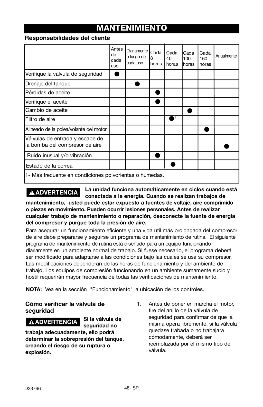 DeWalt DeVILBISS manual Mantenimiento, Responsabilidades del cliente, Cómo verificar la válvula de seguridad 