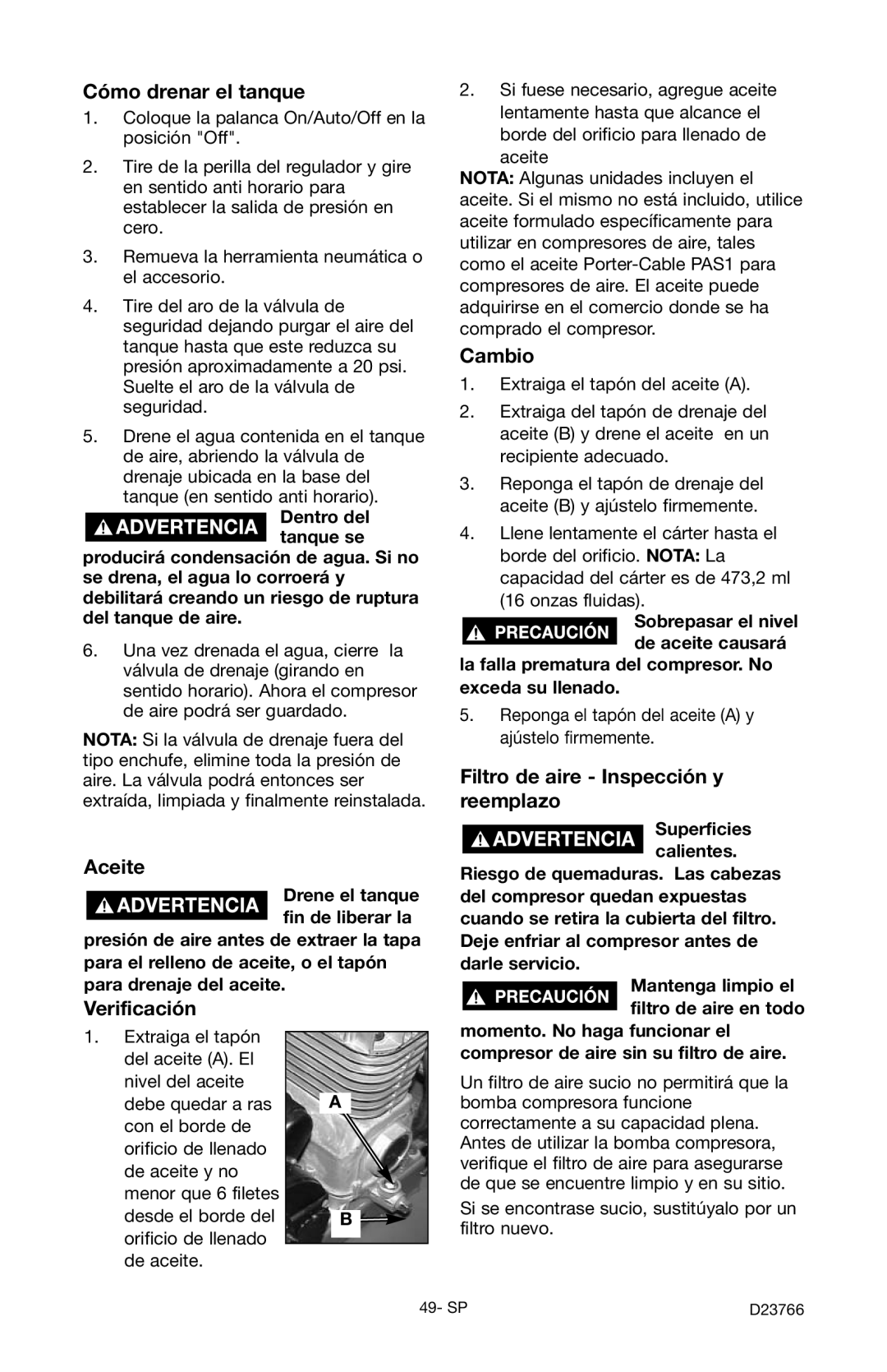 DeWalt DeVILBISS manual Cómo drenar el tanque, Aceite, Verificación, Cambio, Filtro de aire Inspección y reemplazo 