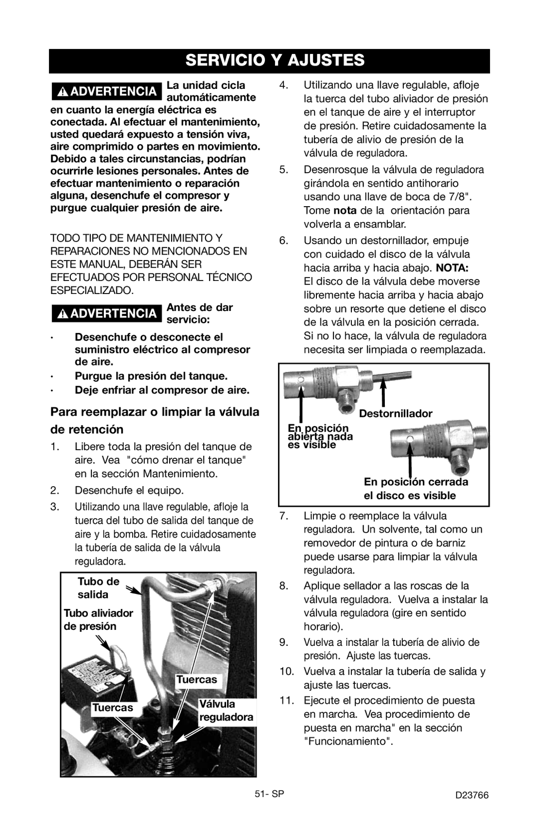 DeWalt DeVILBISS manual Servicio Y Ajustes, Para reemplazar o limpiar la válvula De retención, Tubo de salida 