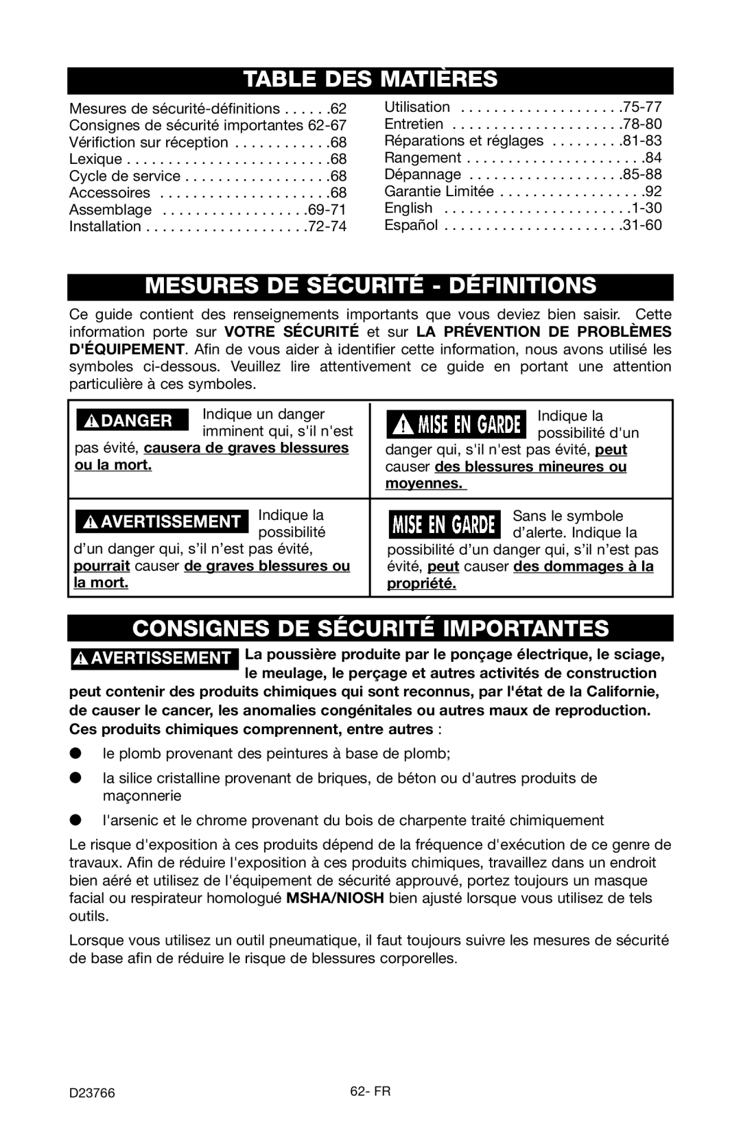 DeWalt DeVILBISS manual Table DES Matières, Mesures DE Sécurité Définitions, Consignes DE Sécurité Importantes 