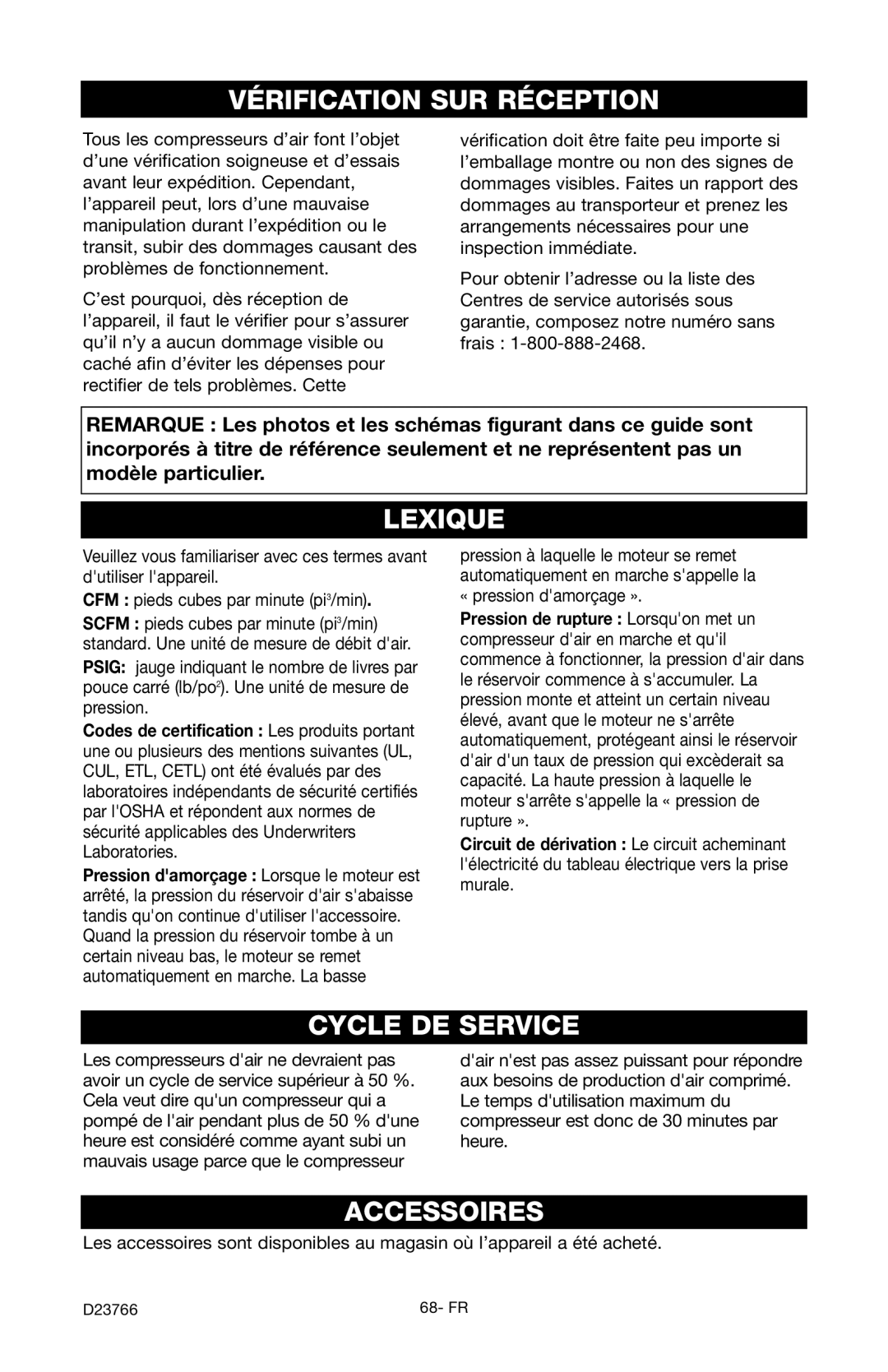 DeWalt DeVILBISS manual Vérification SUR Réception, Lexique, Cycle DE Service, Accessoires 