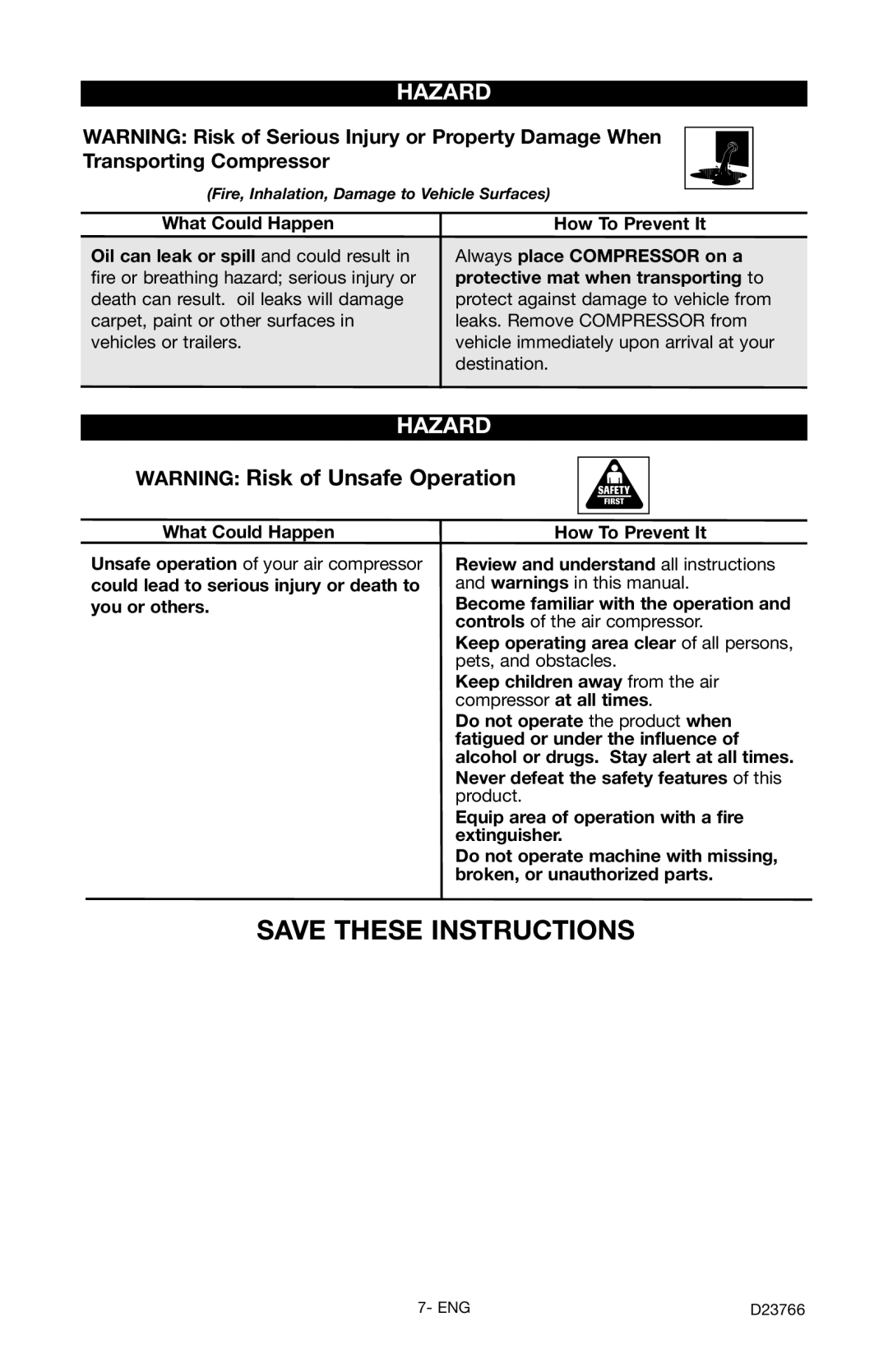 DeWalt DeVILBISS manual Fire, Inhalation, Damage to Vehicle Surfaces 