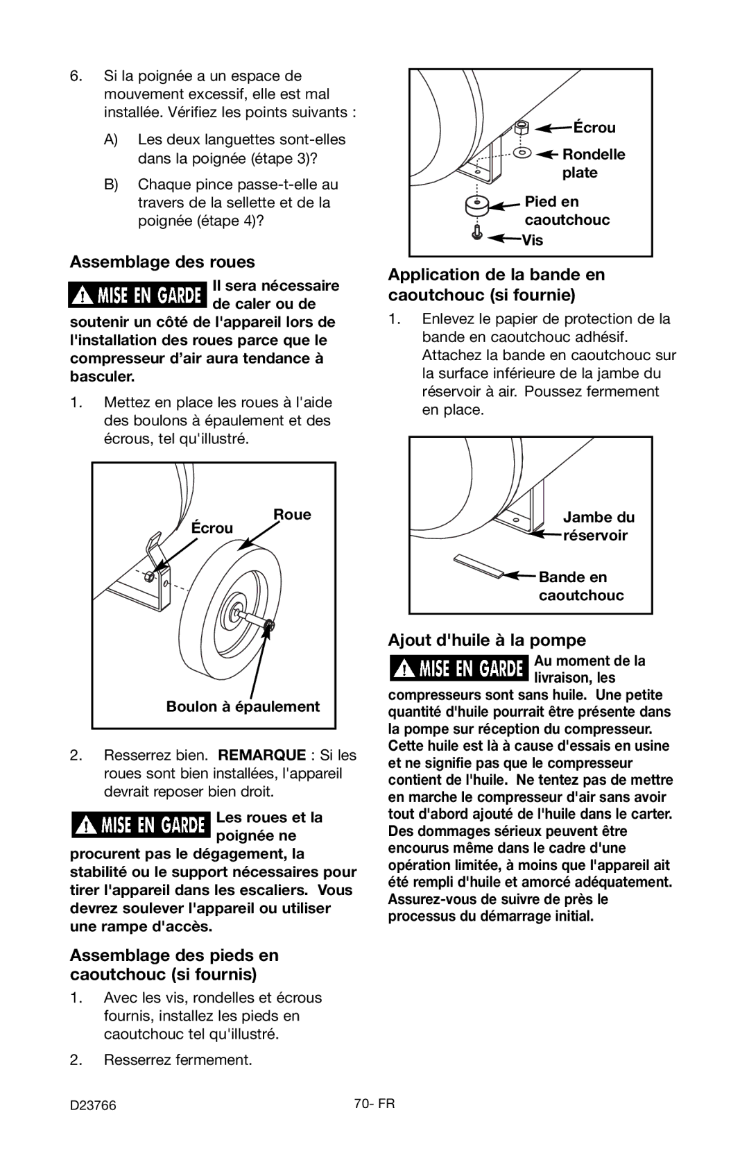 DeWalt DeVILBISS manual Assemblage des roues, Assemblage des pieds en caoutchouc si fournis, Ajout dhuile à la pompe 