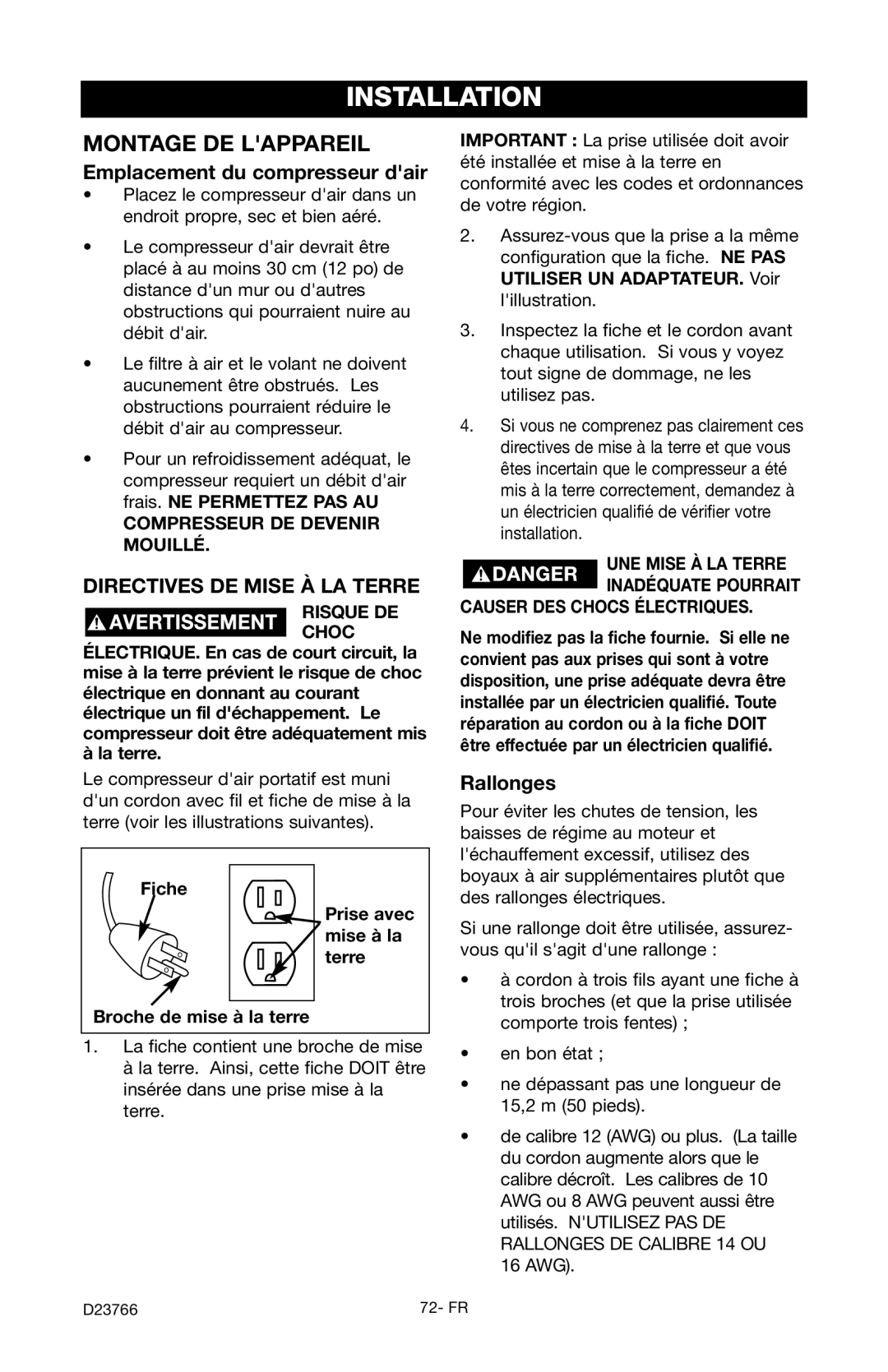 DeWalt DeVILBISS manual Emplacement du compresseur dair, Rallonges, Fiche, Broche de mise à la terre 