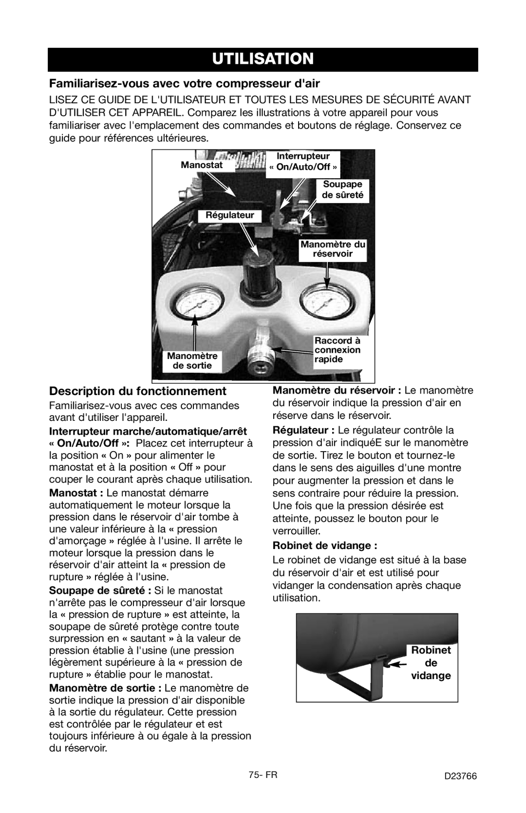 DeWalt DeVILBISS manual Utilisation, Familiarisez-vous avec votre compresseur dair, Description du fonctionnement 