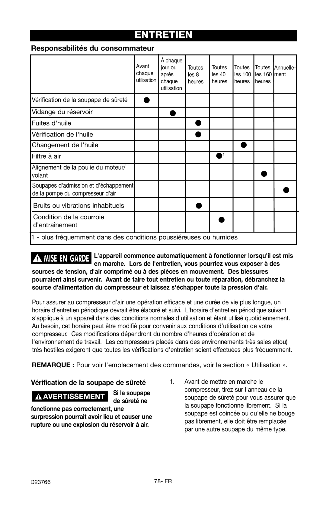 DeWalt DeVILBISS manual Entretien, Responsabilités du consommateur, Vérification de la soupape de sûreté 