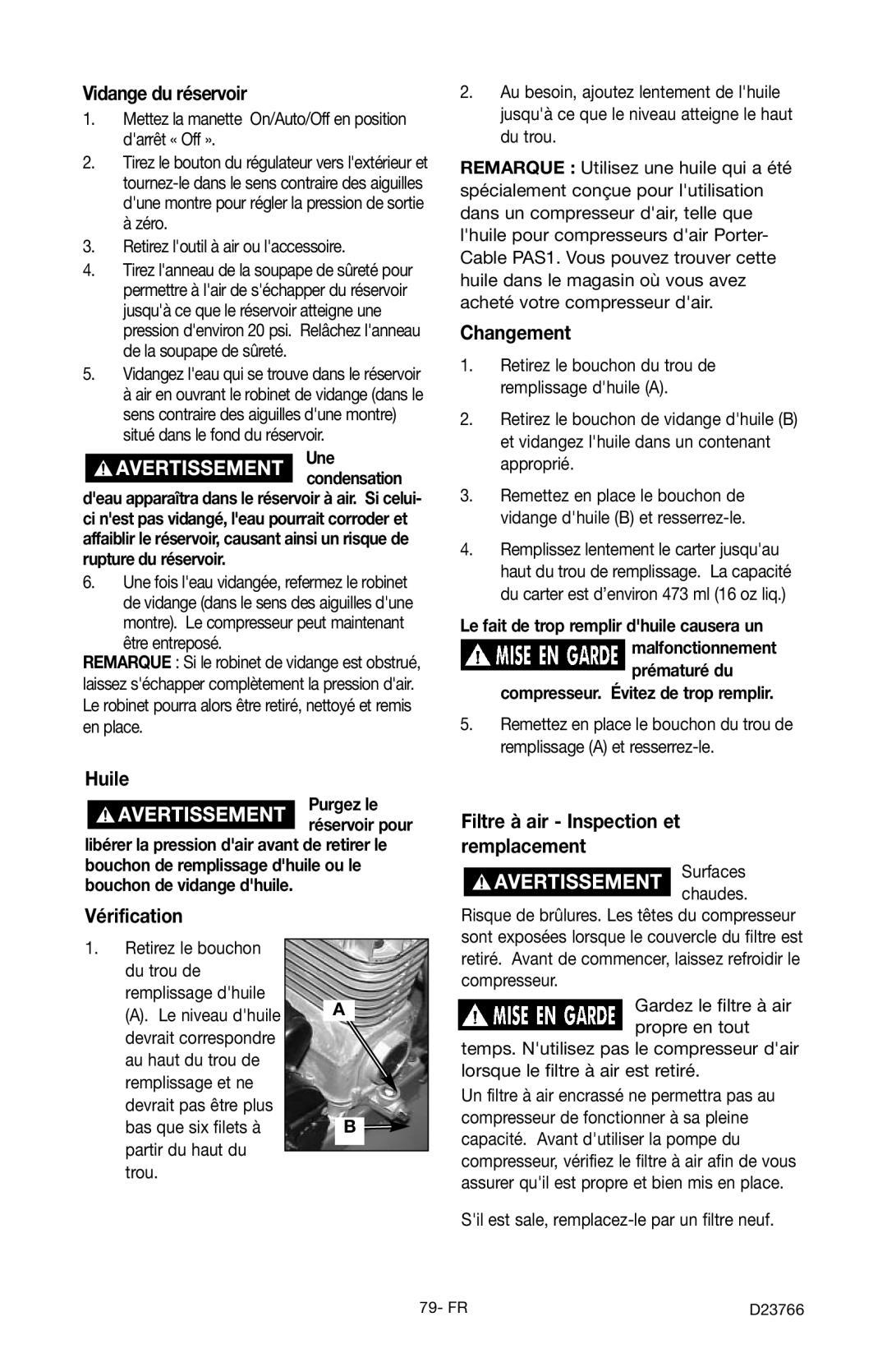 DeWalt DeVILBISS manual Vidange du réservoir, Huile, Vérification, Changement, Filtre à air Inspection et remplacement 