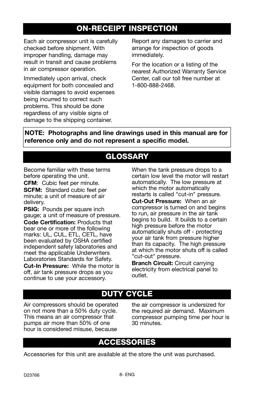 DeWalt DeVILBISS manual ON-RECEIPT Inspection, Glossary, Duty Cycle, Accessories 