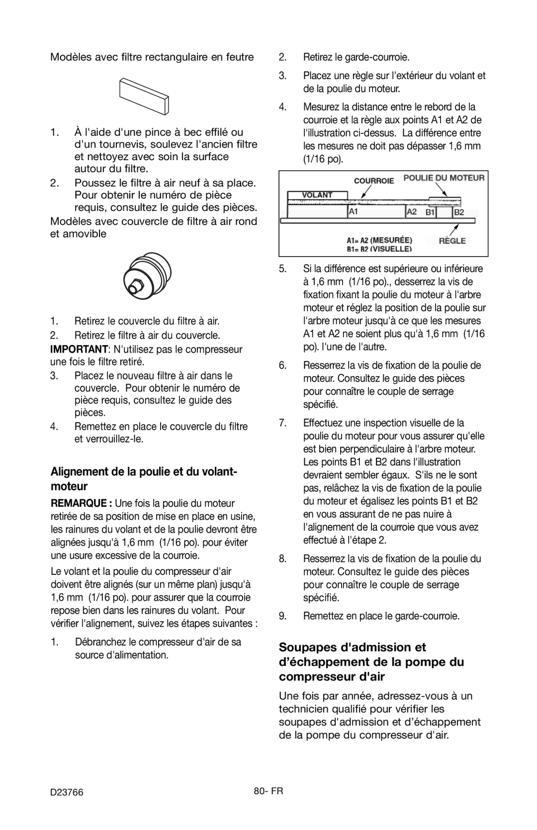 DeWalt DeVILBISS manual Alignement de la poulie et du volant- moteur 