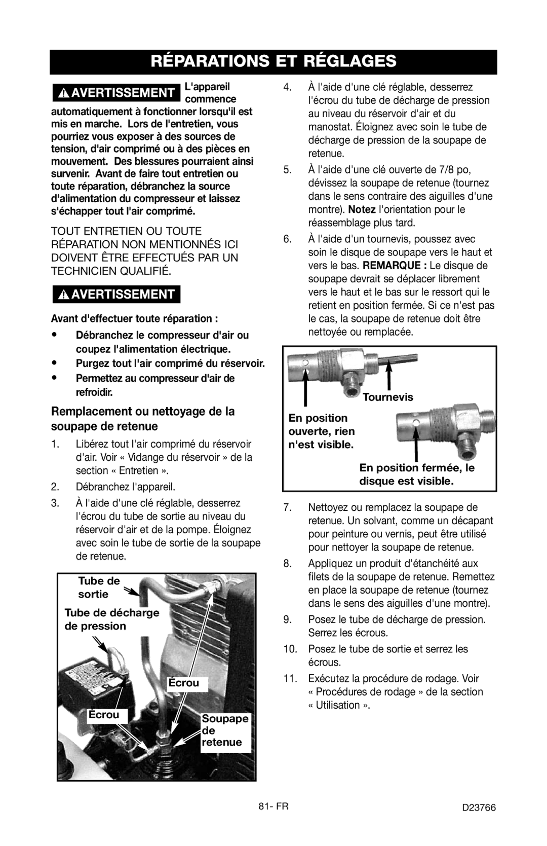 DeWalt DeVILBISS manual Réparations ET Réglages, Remplacement ou nettoyage de la soupape de retenue 