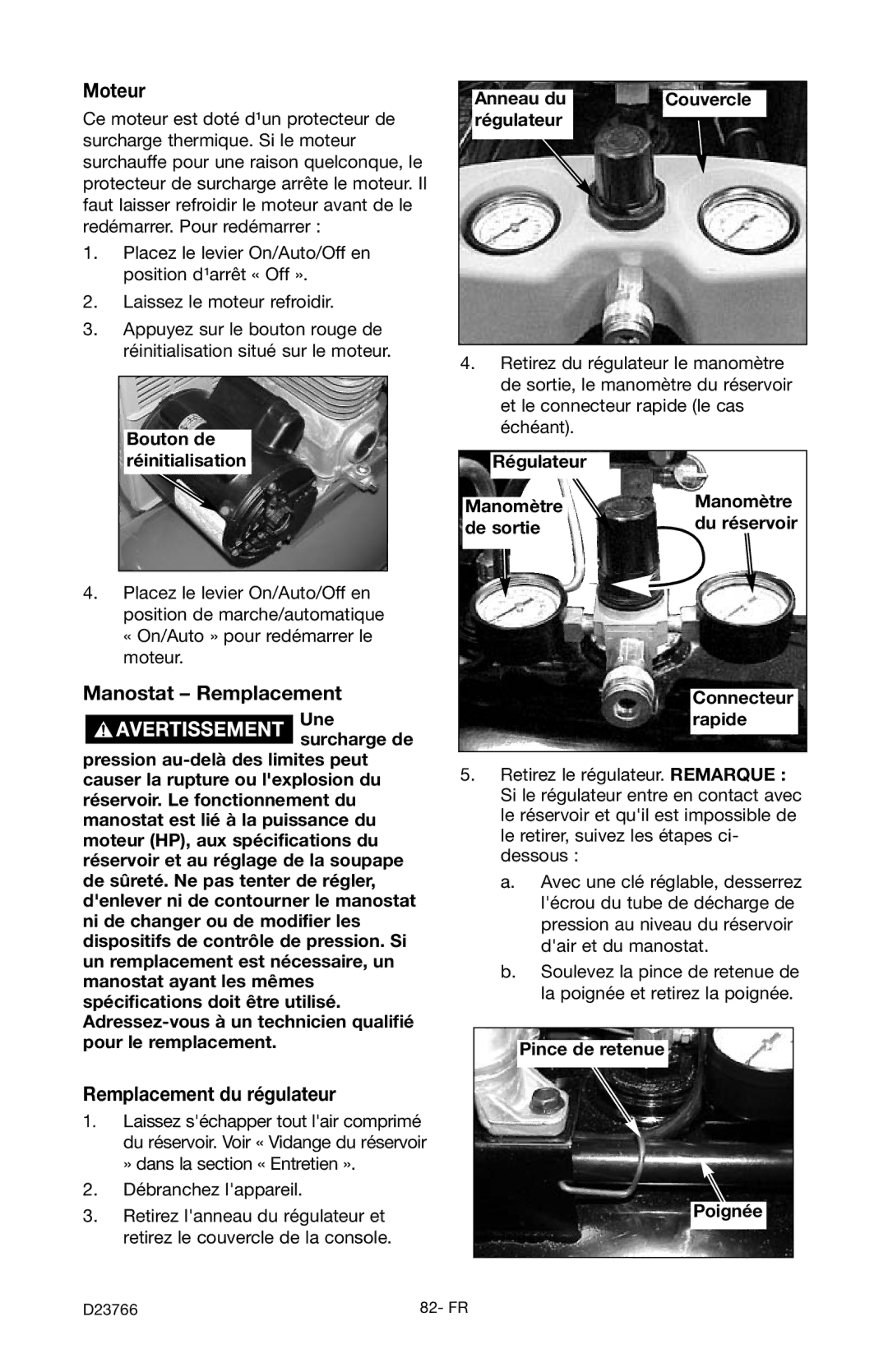 DeWalt DeVILBISS manual Moteur, Manostat Remplacement, Remplacement du régulateur 