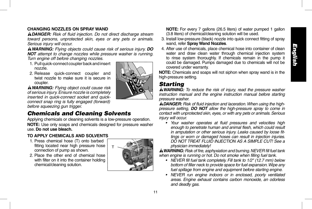 DeWalt DP3700 Chemicals and Cleaning Solvents, Starting, Changing Nozzles on Spray Wand, To Apply Chemicals and Solvents 