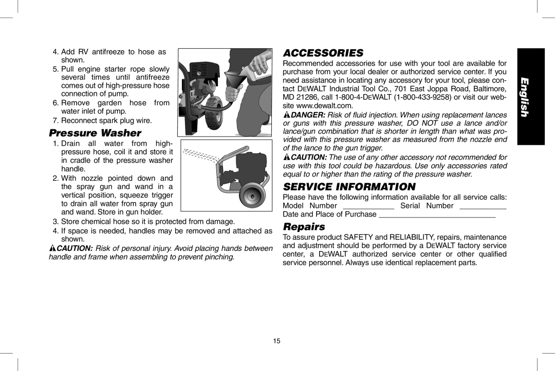 DeWalt DP3700 instruction manual Pressure Washer, Accessories Service Information, Repairs, Date and Place of Purchase 