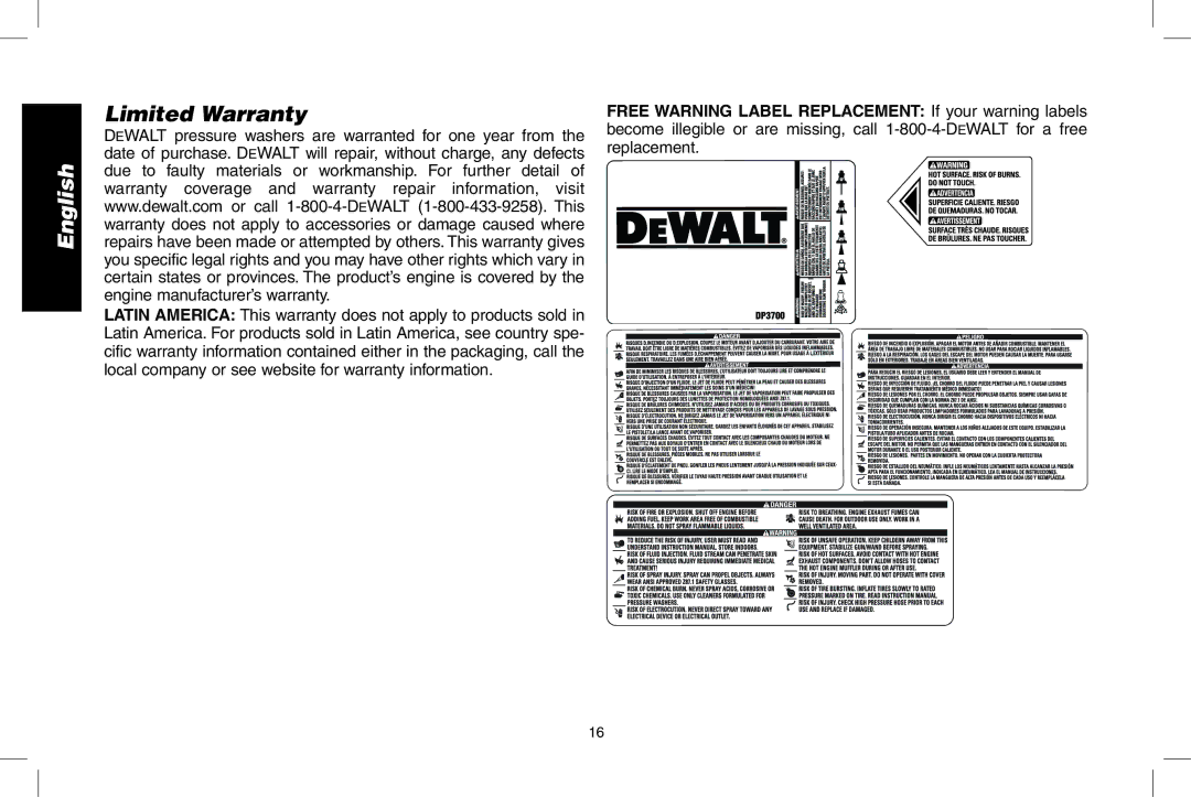 DeWalt DP3700 instruction manual Limited Warranty 