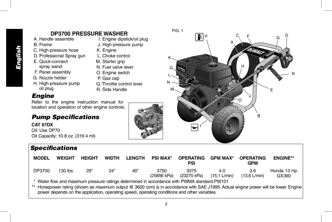 DeWalt DP3700 Engine Pump Speciﬁcations, Handle assemble, CAT 67DX, Oil Use DP70 Oil Capacity 10.8 oz .4 ml 