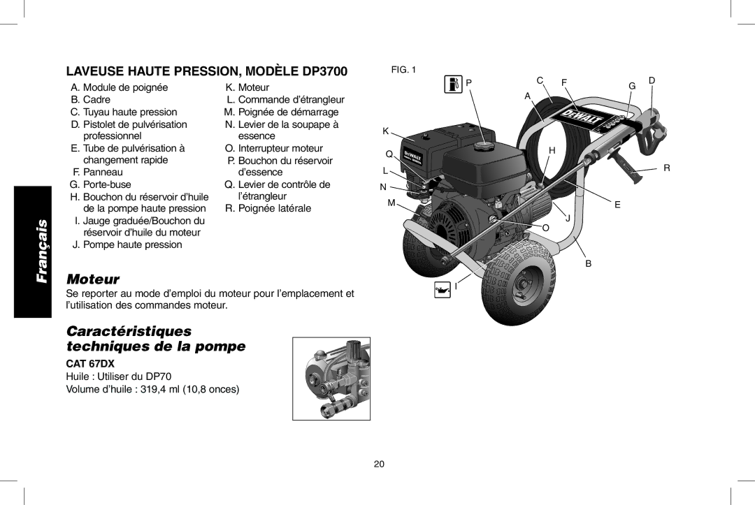 DeWalt DP3700 instruction manual Moteur, Caractéristiques techniques de la pompe 