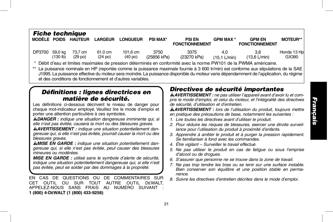 DeWalt DP3700 Fiche technique, Déﬁnitions lignes directrices en Matière de sécurité, Directives de sécurité importantes 