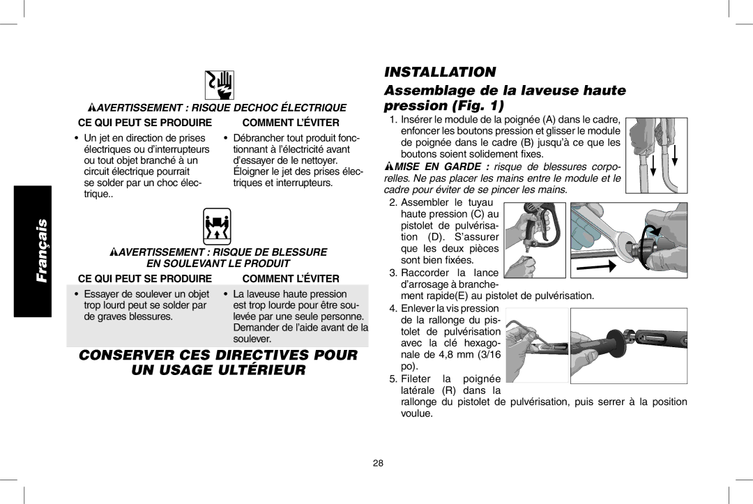 DeWalt DP3700 Assemblage de la laveuse haute pression Fig, Conserver CES Directives Pour UN Usage Ultérieur 