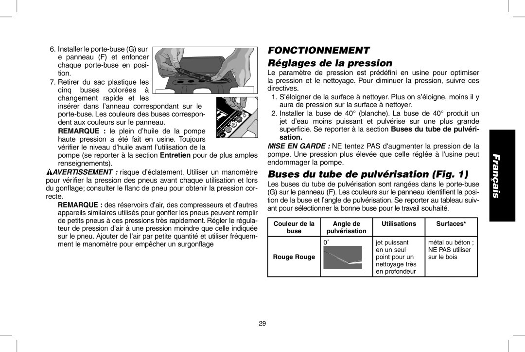 DeWalt DP3700 instruction manual Fonctionnement, Réglages de la pression, Buses du tube de pulvérisation Fig 