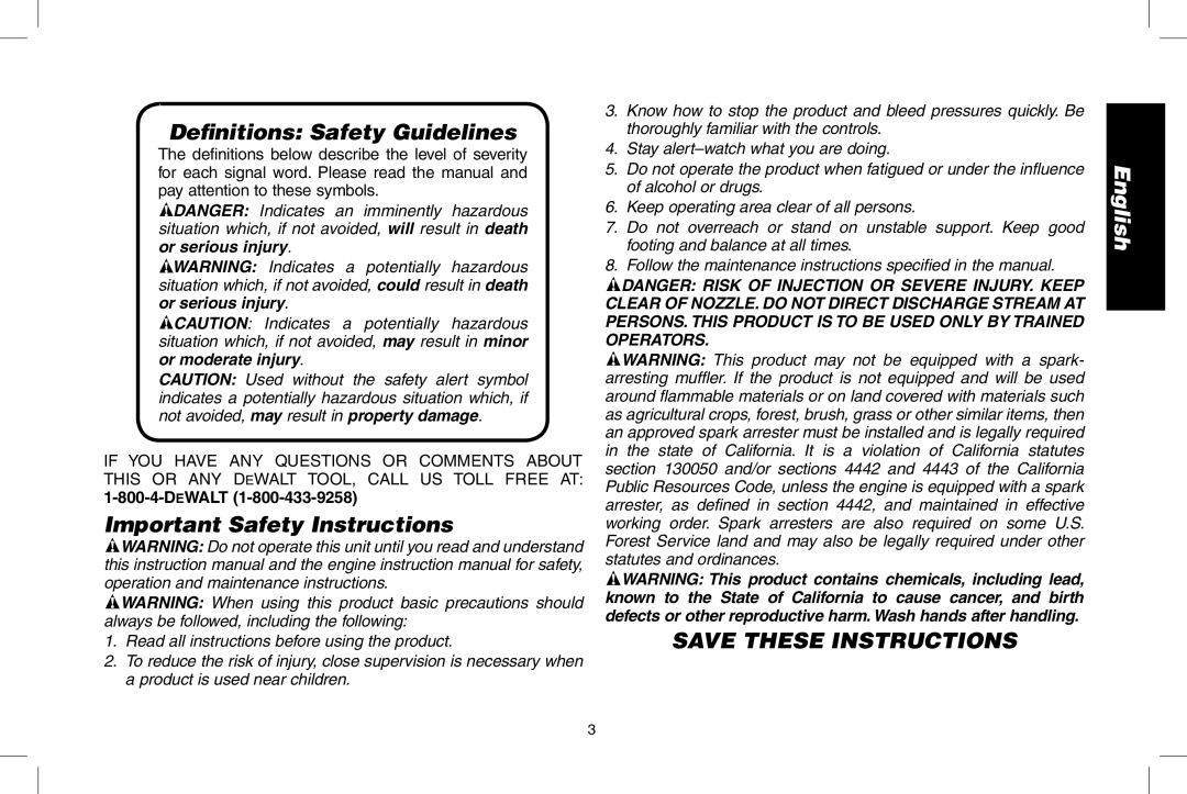 DeWalt DP3700 instruction manual Deﬁnitions Safety Guidelines, Important Safety Instructions 