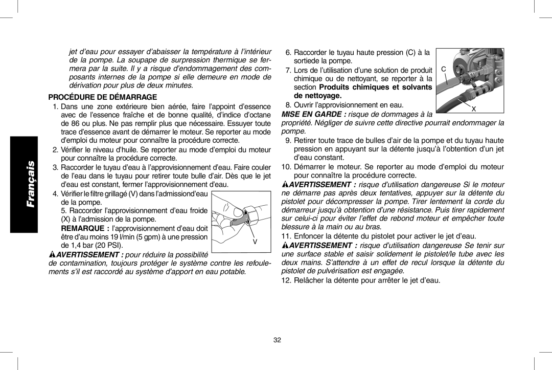 DeWalt DP3700 instruction manual Procédure DE Démarrage, Enfoncer la détente du pistolet pour activer le jet d’eau 