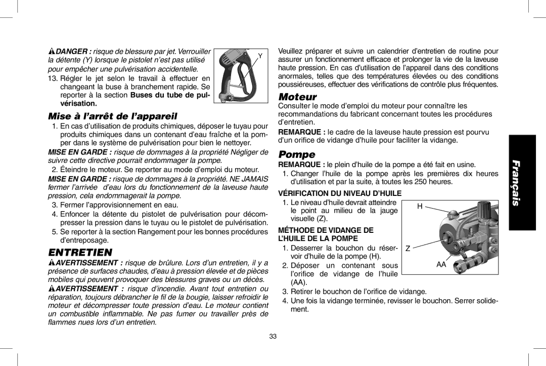 DeWalt DP3700 instruction manual Entretien, Vérification DU Niveau D’HUILE, Méthode DE Vidange DE ’HUILE DE LA Pompe 