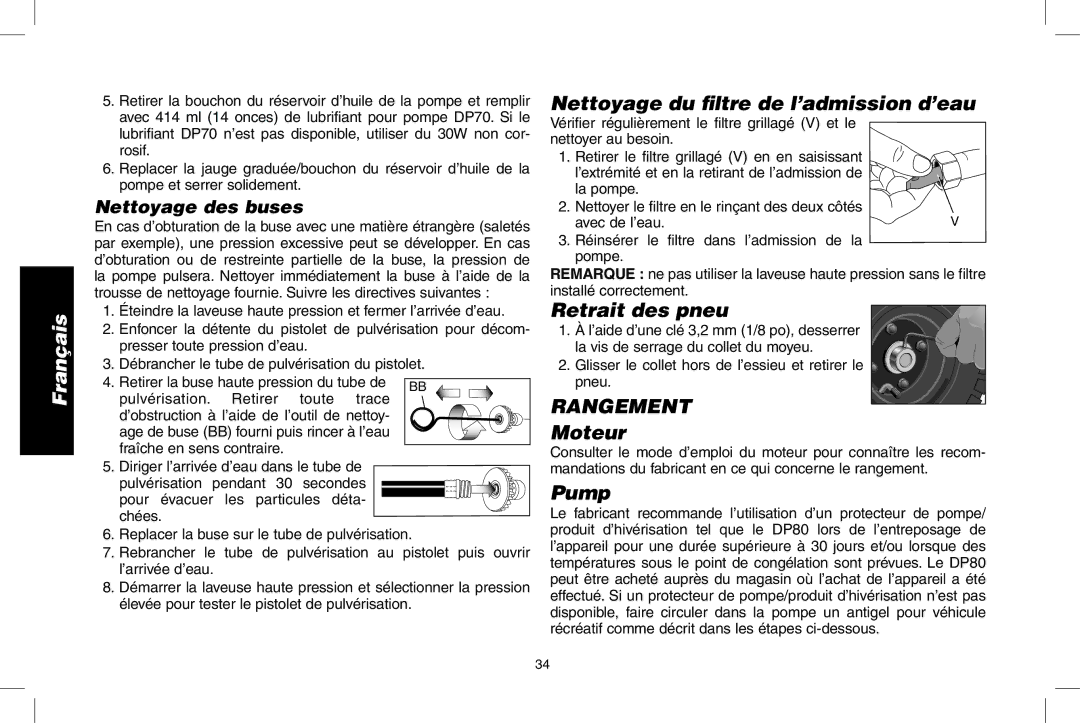 DeWalt DP3700 instruction manual Nettoyage du ﬁltre de l’admission d’eau, Retrait des pneu, Rangement 