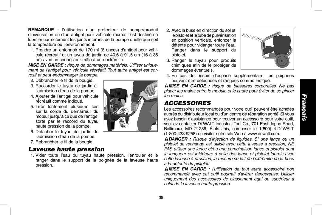 DeWalt DP3700 instruction manual Laveuse haute pression, Accessoires 