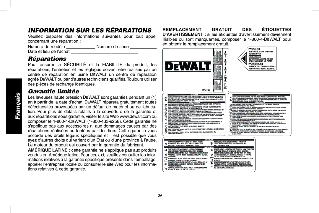 DeWalt DP3700 instruction manual Information SUR LES Réparations, Garantie limitée, Date et lieu de l’achat 