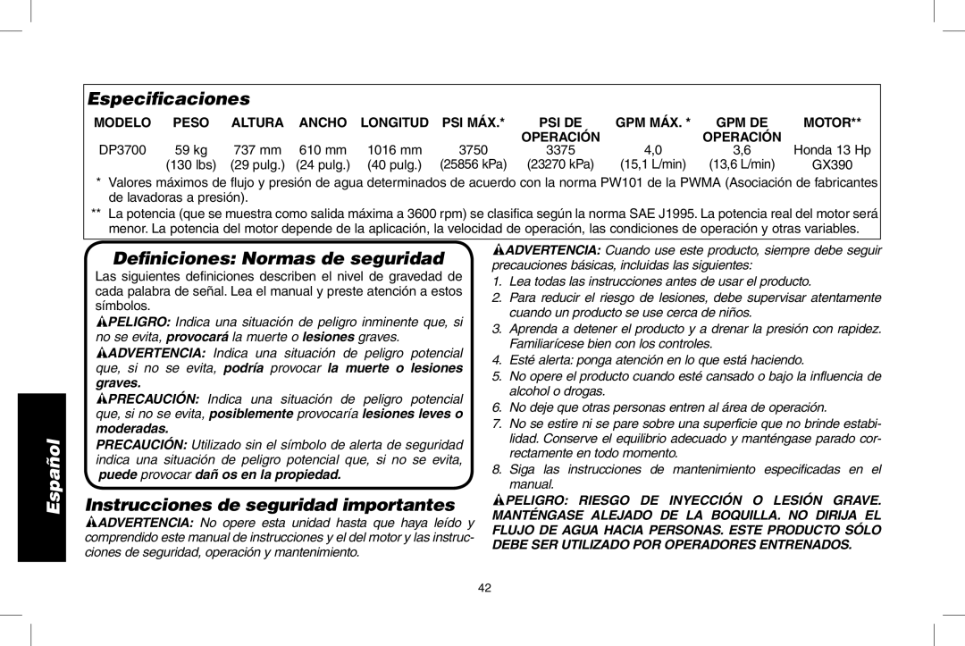 DeWalt DP3700 Especiﬁcaciones, Deﬁniciones Normas de seguridad, Instrucciones de seguridad importantes, Operación, GX390 